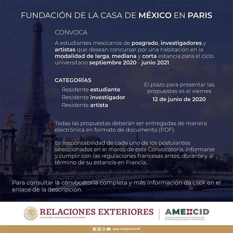 Becas de alojamiento de la Fundación de la Casa de México en París, 2020-2021