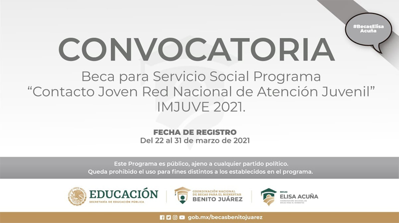 Imagen de Becas Elisa Acuña para realizar el Servicio Social del Programa Contacto Joven Red Nacional de Atención Juvenil - IMJUVE, 2021, 