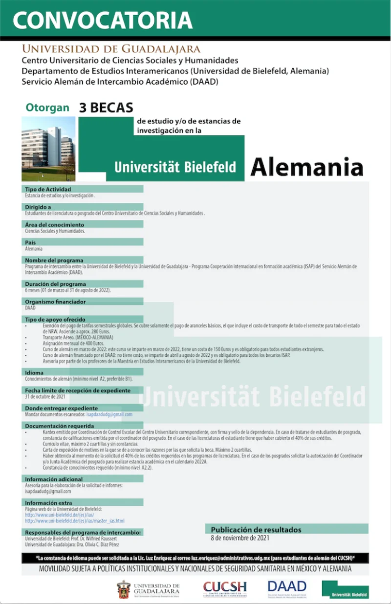 Becas de estudio y/o estancias de investigación en la Universidad de Bielefeld, Alemania - DAAD - CUCSH - UDG, 2021