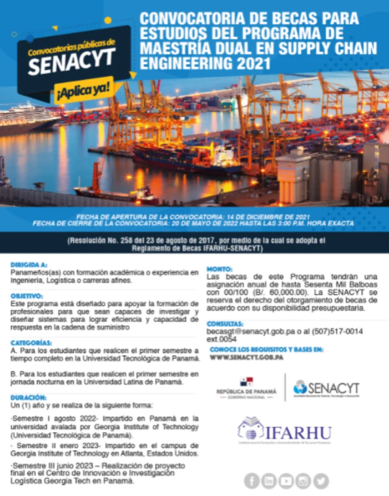 Becas Senacyt para estudios de maestría dual en Suply Chain Engineering, 2021