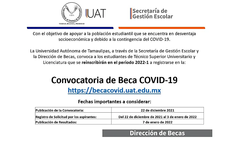 Beca Covid19 de la Universidad Autónoma de Tamaulipas - UAT, 2022-1