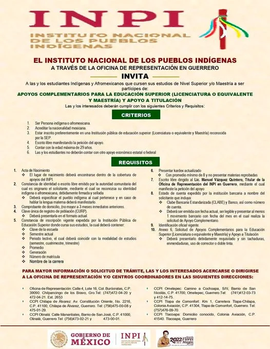 Apoyos complementarios para la Educación Superior y Titulación de estudiantes indígenas y afromexicanos - INPI Guerrero, 2022