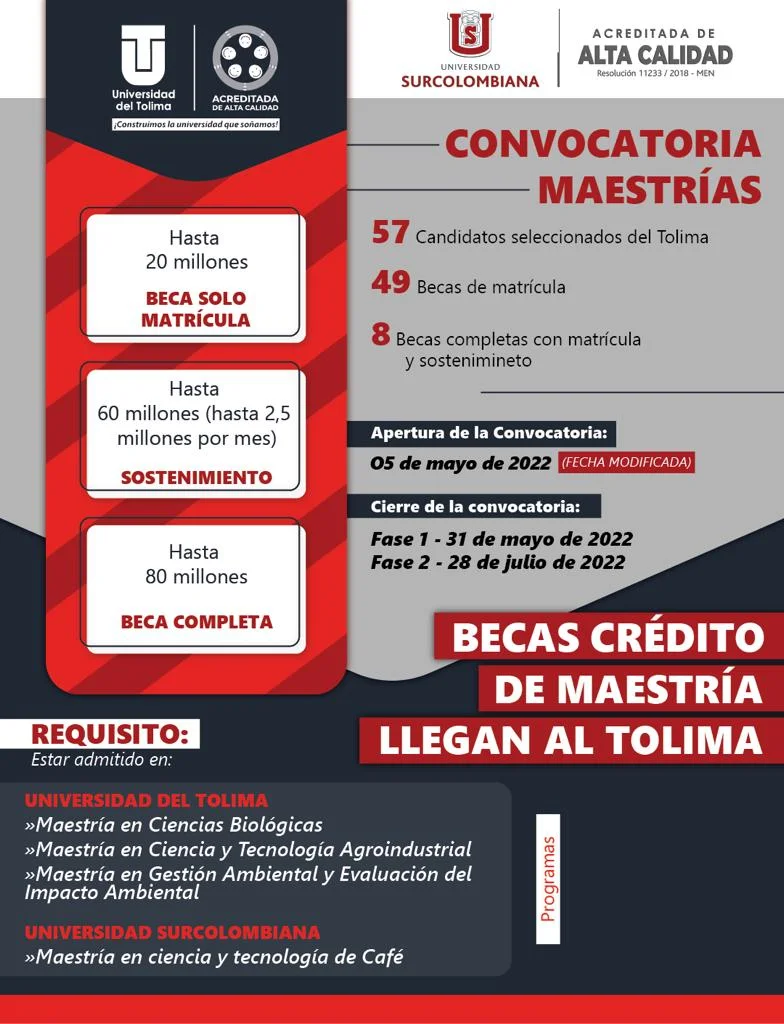 Becas crédito de maestría en la modalidad de investigación - Universidad del Tolima, 2022-2