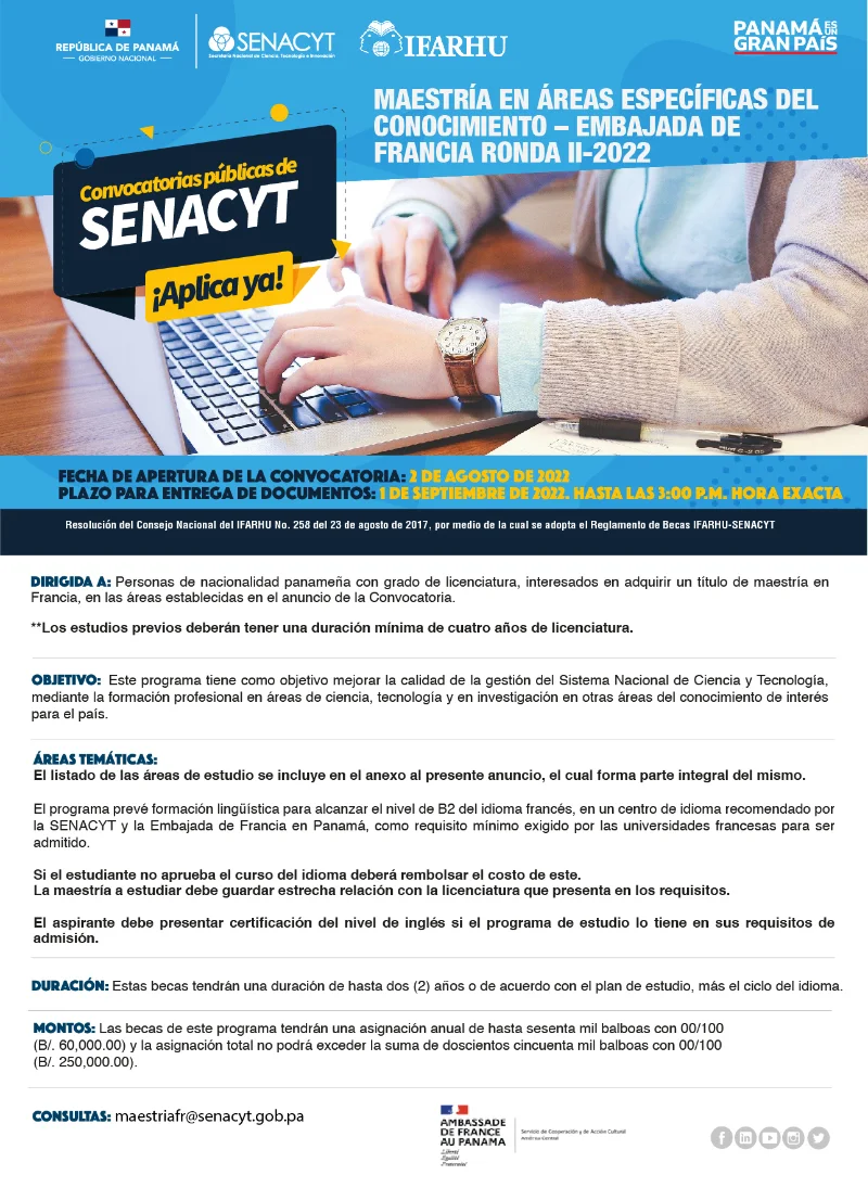 Becas Senacyt de Maestría en áreas específicas del conocimiento - Embajada de Francia, 2022-2