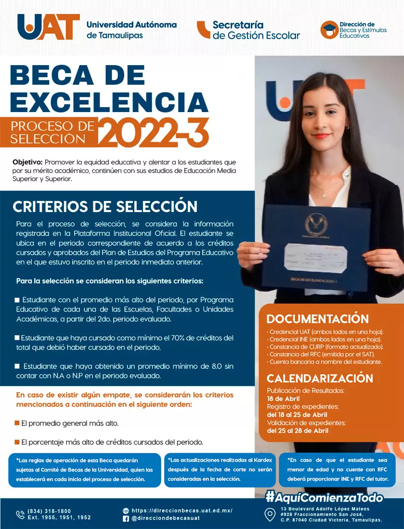 Beca de Excelencia - Universidad Autónoma de Tamaulipas, UAT, 2022-3