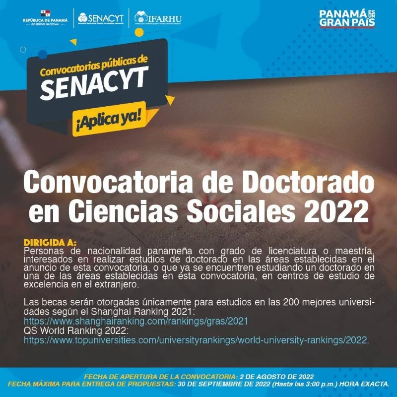 Becas Senacyt de Doctorado en Ciencias Sociales, 2022