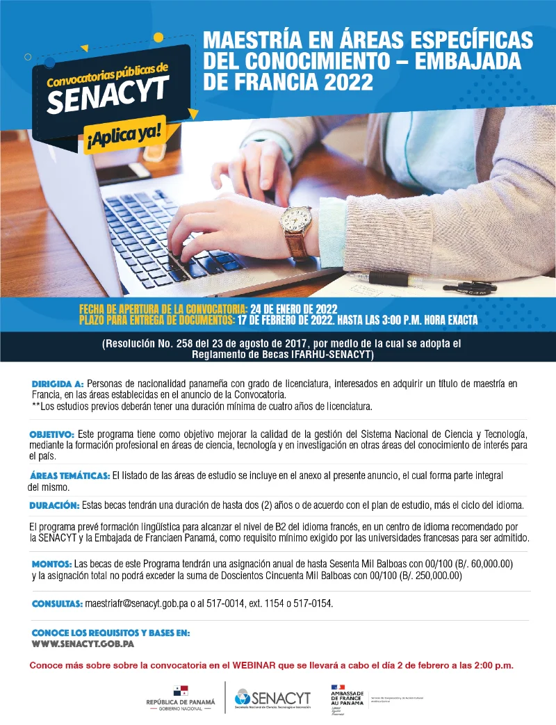 Becas Senacyt de Maestría en áreas específicas del conocimiento - Embajada de Francia, 2022