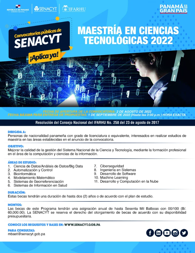 Becas Senacyt de Maestría en Ciencias tecnológicas, 2022