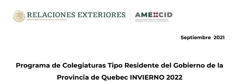 Programa de Colegiaturas Tipo Residente del Gobierno de Quebec, Invierno 2022