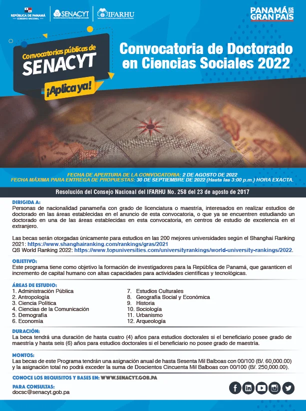 Imagen de Becas Senacyt de Doctorado en Ciencias Sociales, 2022