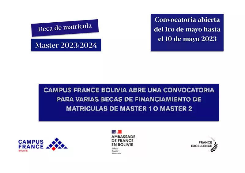 Becas de matrícula M1 y M2 de maestría del Gobierno de Francia para bolivianos, 2023-2024