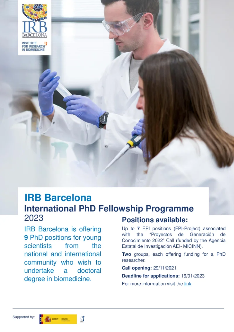 Beca internacional de Doctorado en el IRB Barcelona, 2023