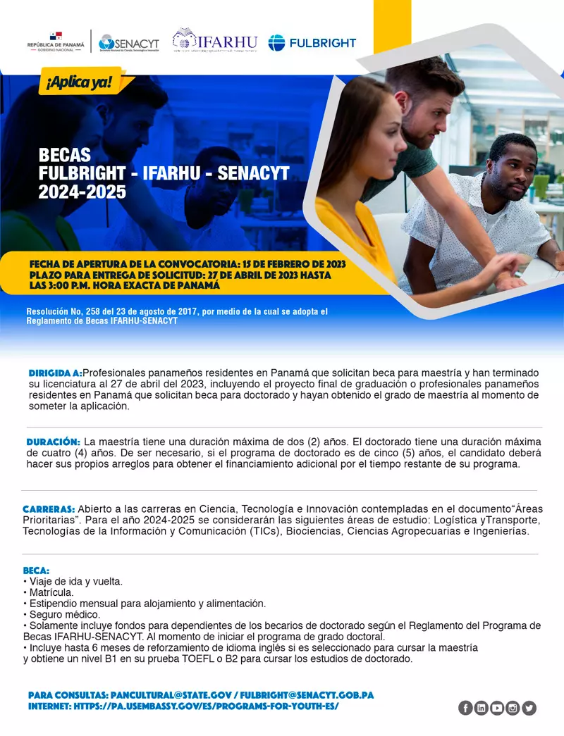 Beca Fulbright - SENACYT a nivel de Maestría y Doctorado para panameños, 2024-2025
