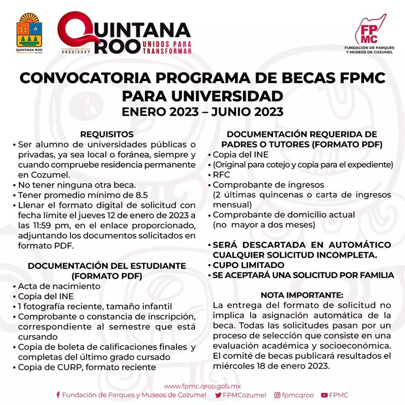 Becas Fundación de Parques y Museos de Cozumel FPMC para universidad, enero - junio 2023
